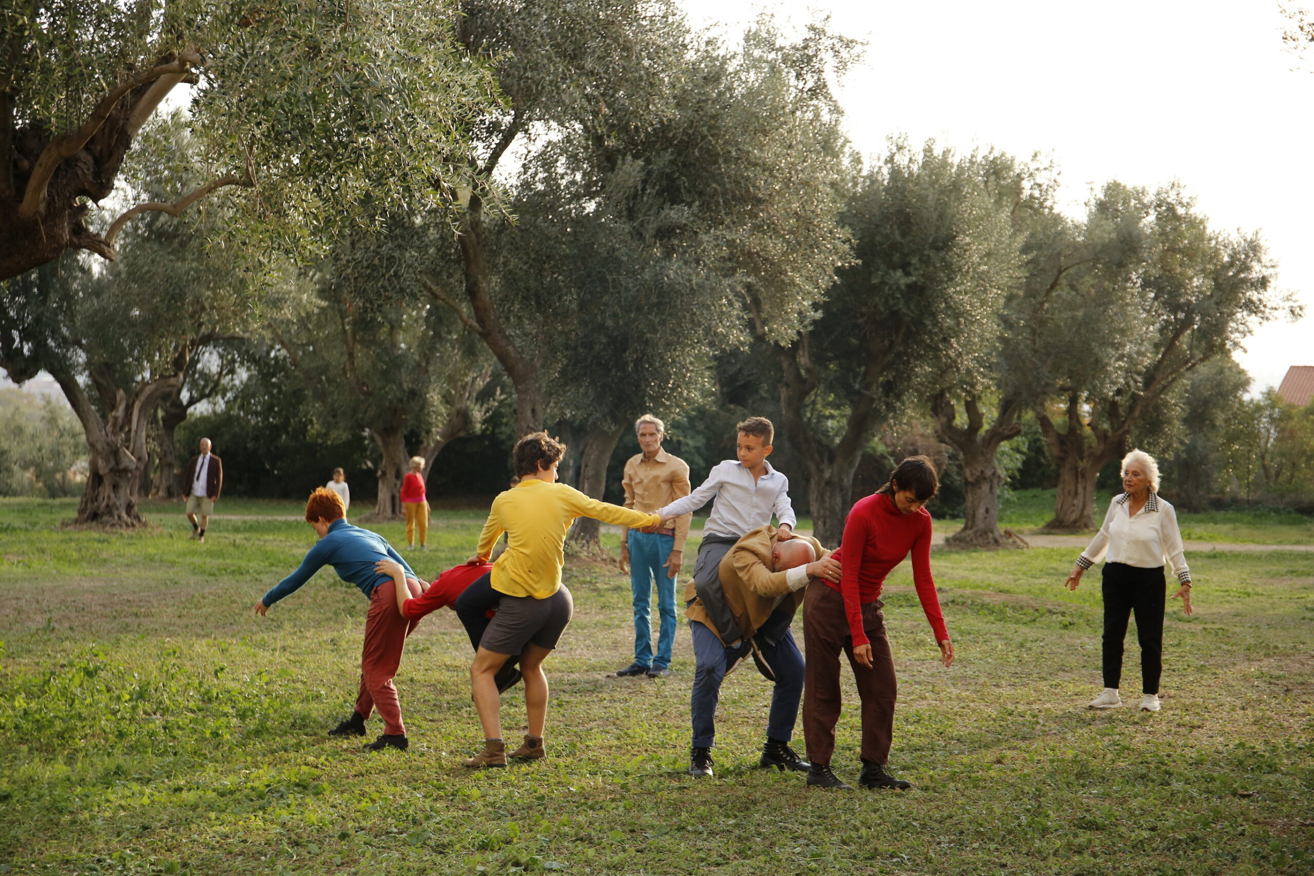 In un uliveto, un gruppo eterogeneo di persone partecipa a un'azione performativa collettiva. Al centro, alcuni corpi sono intrecciati in movimenti dinamici, come sollevamenti e appoggi, mentre altri partecipanti camminano o osservano da varie posizioni nello spazio. I gesti sono espressivi e coreografici, e l’atmosfera è quella di una pratica artistica immersa nella natura.