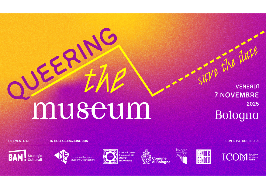 Grafica con sfondo sfumato dal giallo in alto al viola in basso. In grande, al centro, il testo “Queering the Museum”. In alto a destra, in giallo, la scritta “Save the date”. Sulla destra: “Venerdì 7 novembre 2025, Bologna”. In basso sono presenti i loghi degli enti organizzatori e partner